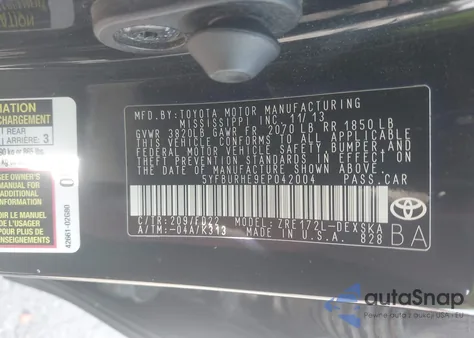 2014 Toyota Corolla S Plus from USA, damaged, VIN 5YFBURHE9EP042004